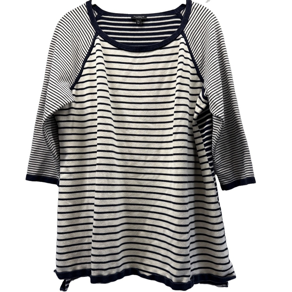 Talbots Women's Top Size 1Xp Petite Black Ivory Mixed Stripes 3/4 Raglan Sleeves